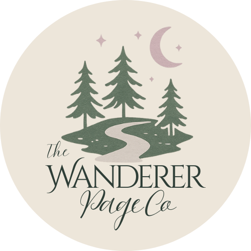 Wanderer Page Co logo shows a path winding between trees, beneath a pink crescent moon.